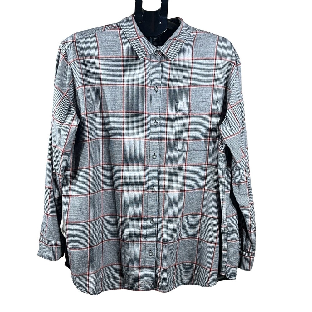 Eddie Bauer Womens Gray Plaid Long Sleeve Flannel Shirt Size XL